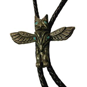 Native Bolo Tie Eagle Totum Black Cord Faux Silver Tone Unisex Neck Tie Indian